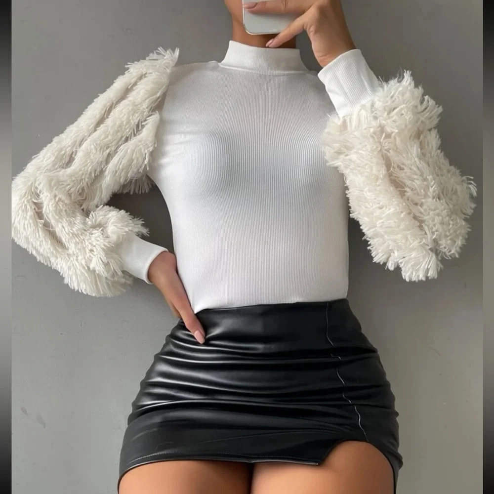 Cozy Faux Fur Fuzzy Long Puff Cuff Sleeve Mock Neck Top Blouse Shirt Black - Picture 15 of 16
